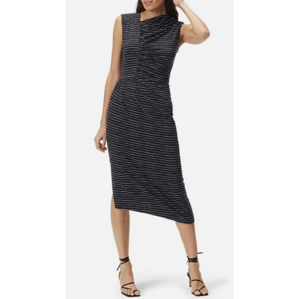 Hugo Boss Midi Dress Esay Ruched Asymmetric Bateau Neckline Blue Striped Size S - Picture 2 of 11